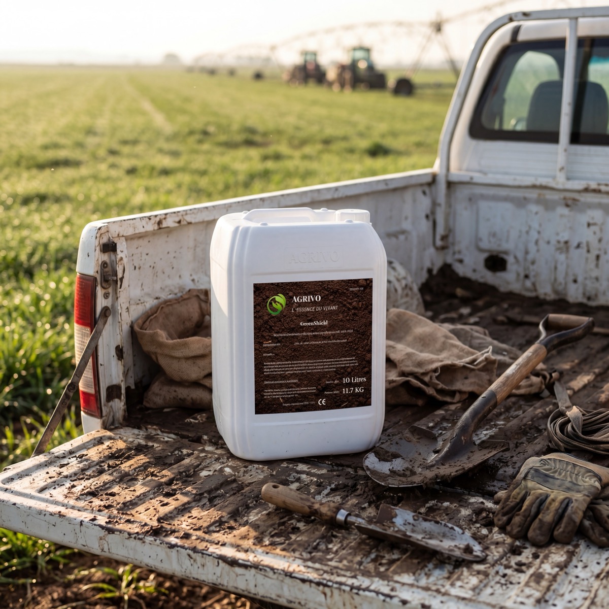 Bidon GreenShield 10L dans le pick-up d'un agriculteur